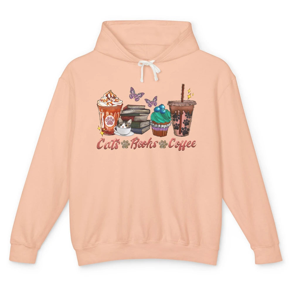 Cats Books Coffee Funny Coffee Paw Books Lovers Reader Gift Unisex Lightweight Hoodie