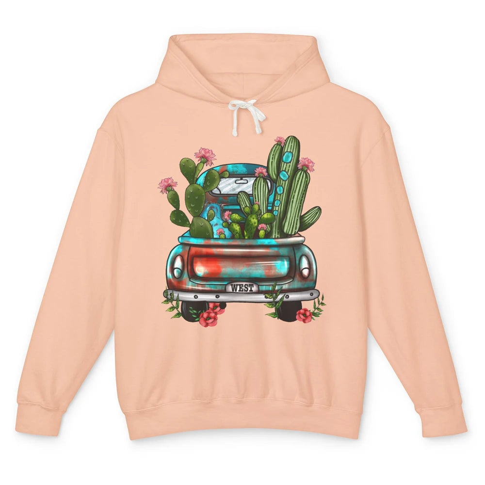 Turquoise Western Truck Desert Cactus Go West Western Gift Unisex Lightweight Hoodie