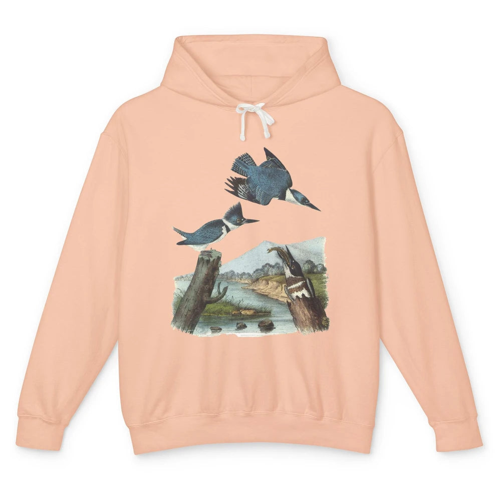 Watercolor Belted Kingfisher Bird Eat Fish Nature Birding Unisex Lightweight Hoodie