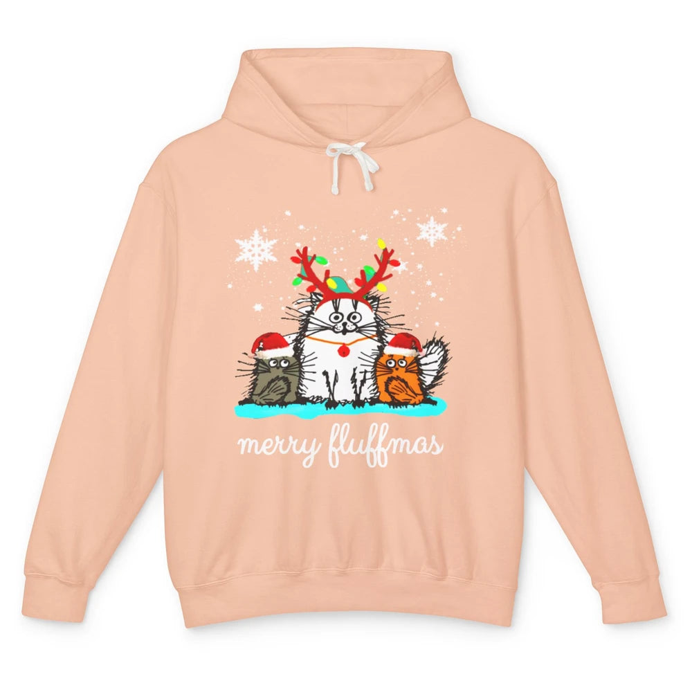 Merry Christmas Fluffmas Cat Santa Claus Hat Xmas Tree Light Unisex Lightweight Hoodie