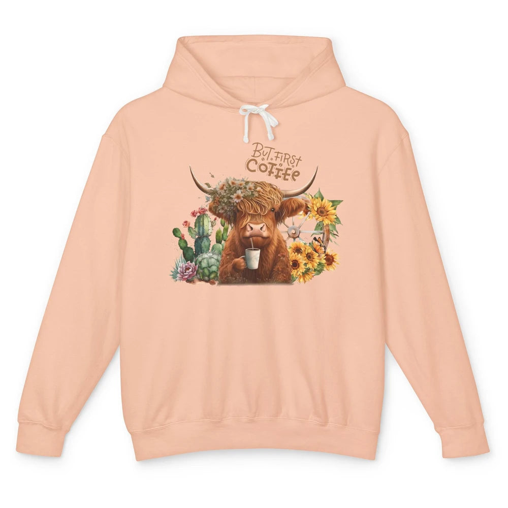 Desert Highland Cow But First Coffee Western Country Animal Unisex Lightweight Hoodie