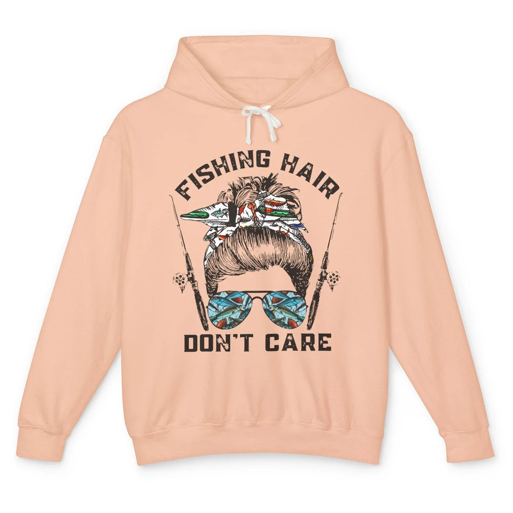 Messy Bun Fishing Hair Don't Care Reel Girls Fish Fisherman Unisex Lightweight Hoodie