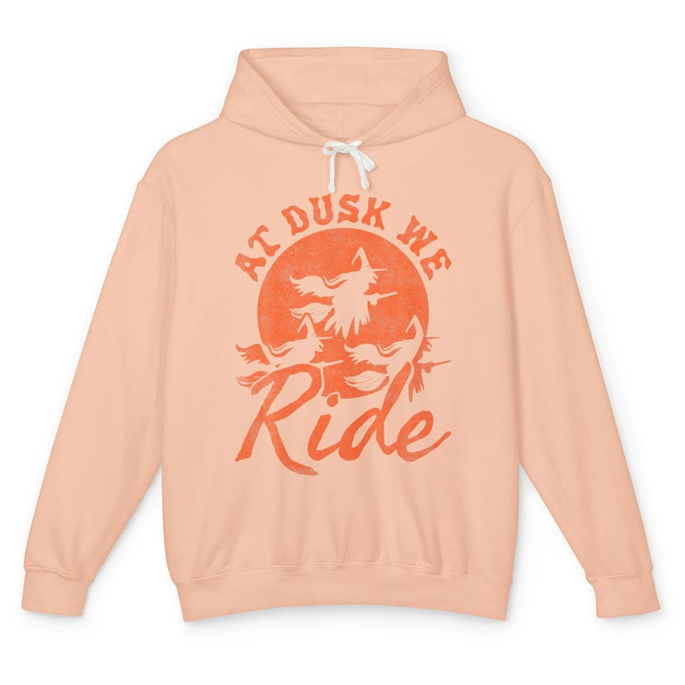 At Dusk We Ride Witch Hat Broom Moon Halloween Spooky Season Unisex Lightweight Hoodie