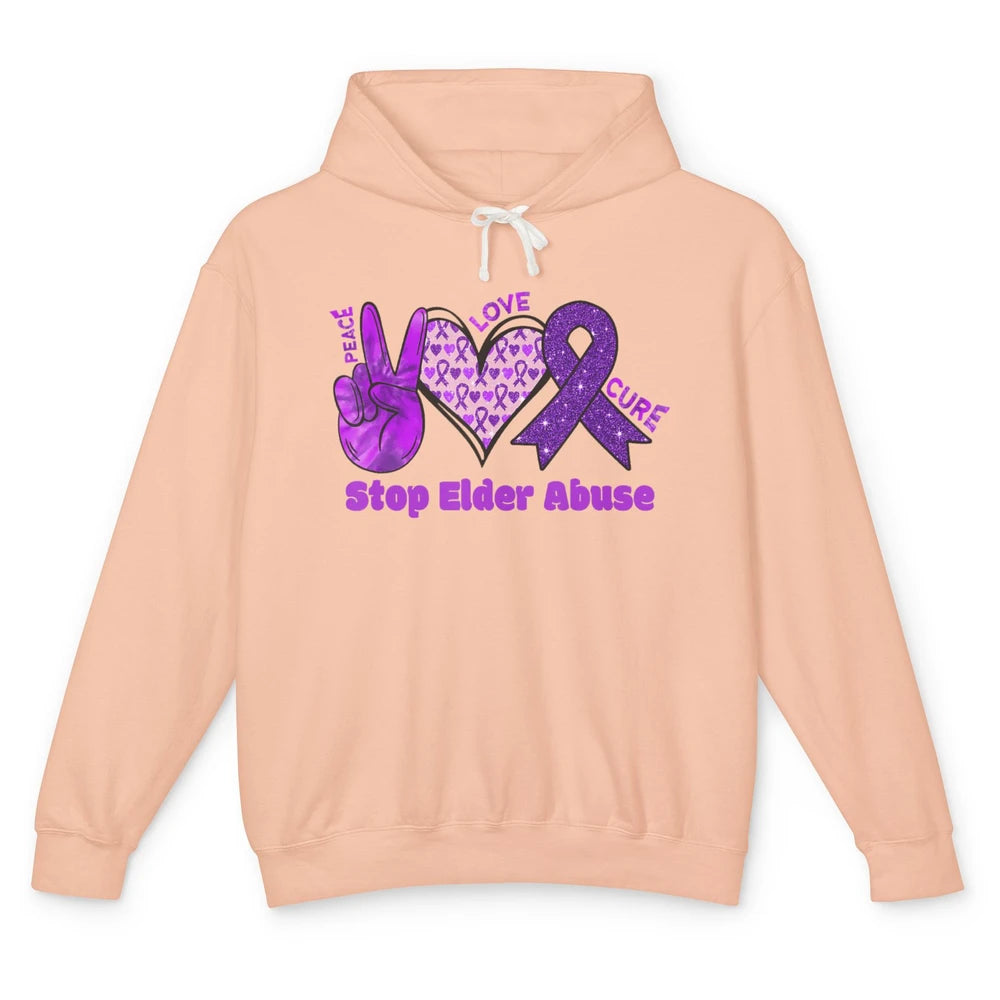 Peace Love Hope Heart Purple Ribbon Elder Abuse Awareness Unisex Lightweight Hoodie