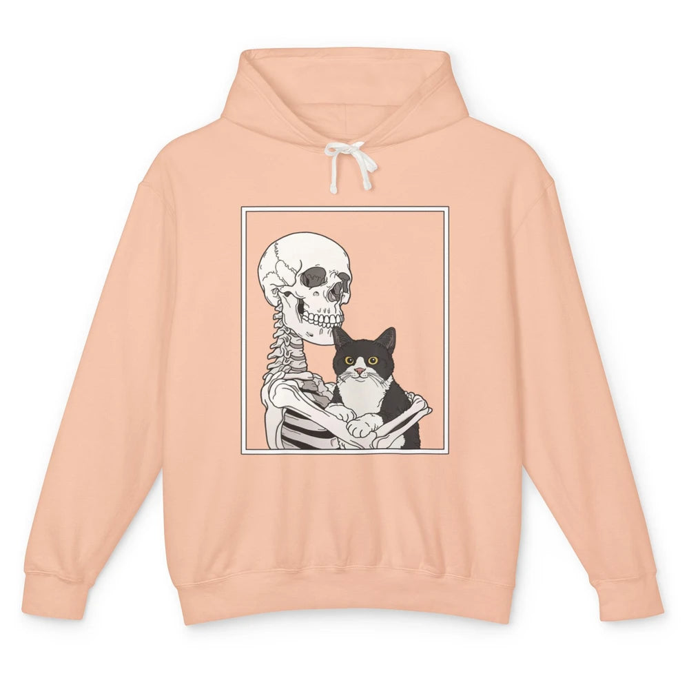 Skeleton Holding A Cat Lazy Halloween Costume Skull Kitten Unisex Lightweight Hoodie