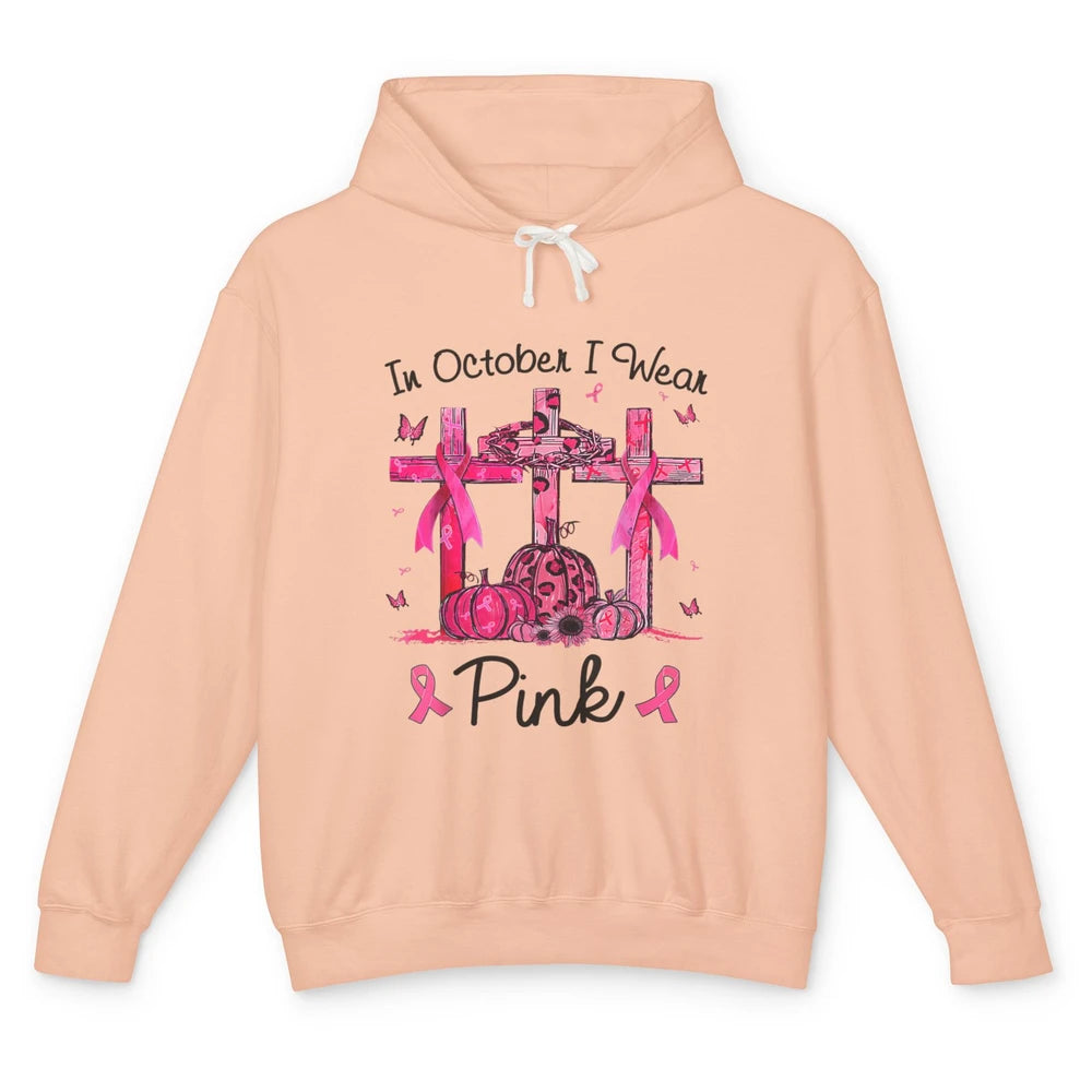 Cross Pumpkin Christian Pink Ribbon Breast Cancer Awareness Unisex Lightweight Hoodie