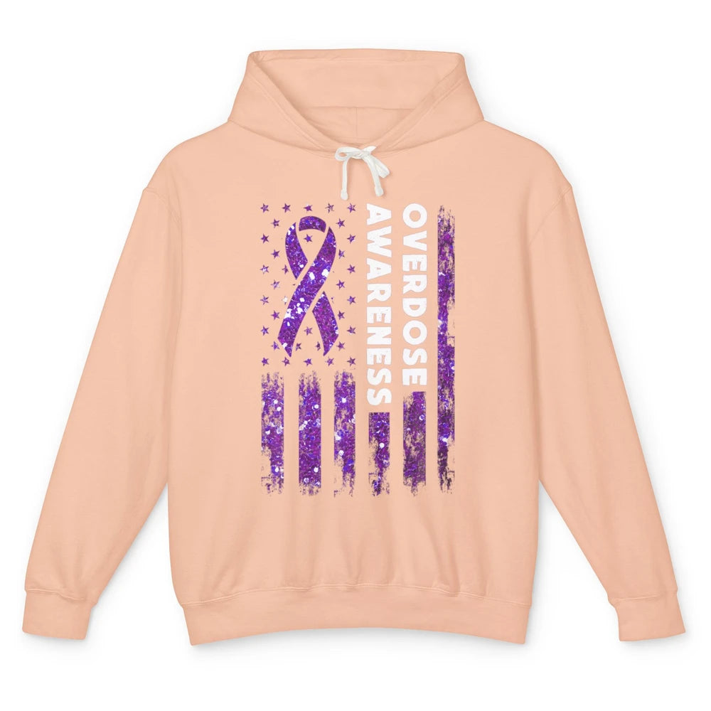 Overdose Awareness US Flag Purple Ribbon Addiction Warrior Unisex Lightweight Hoodie