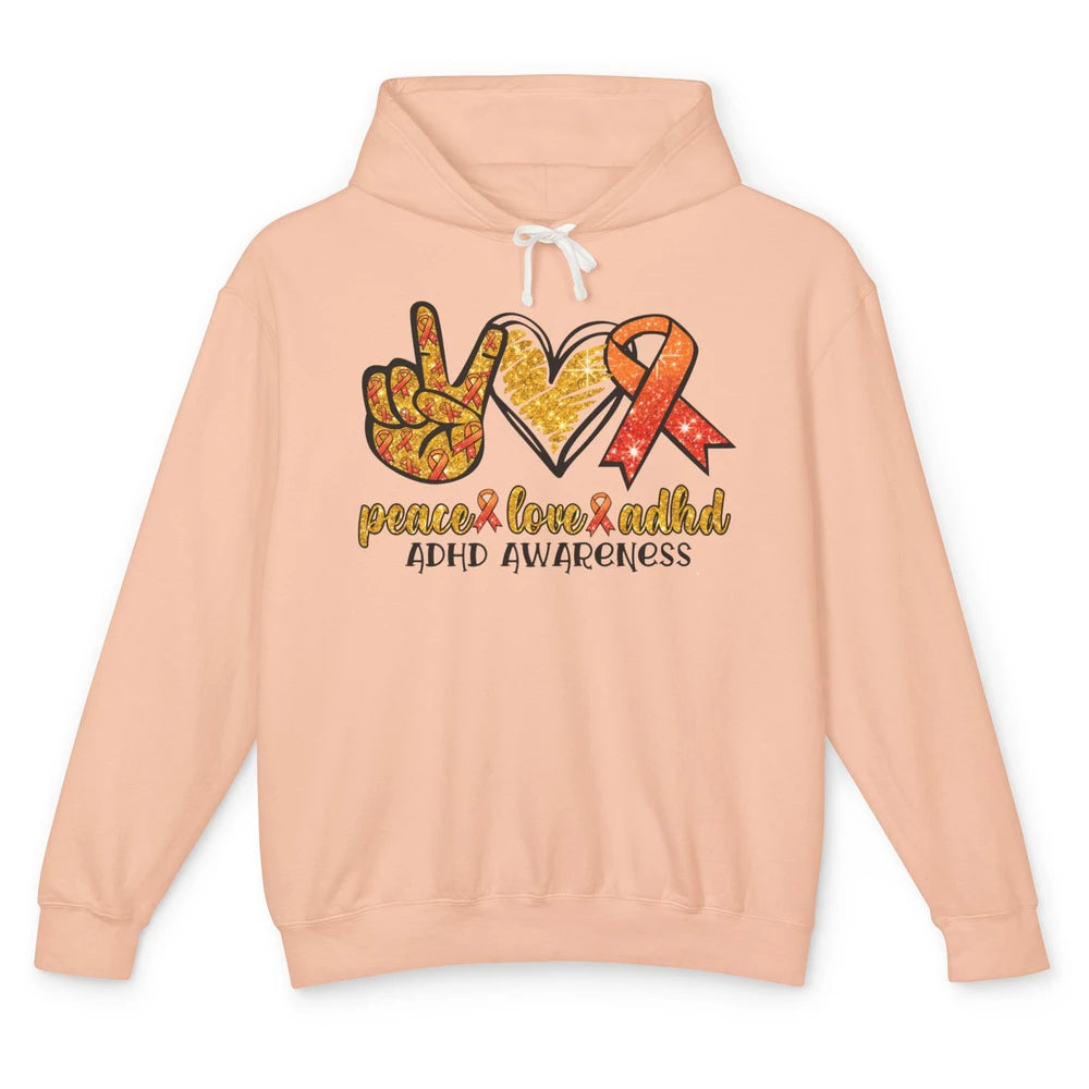 ADHD Awareness Month Peace Love ADHD Orange Ribbon Unisex Lightweight Hoodie