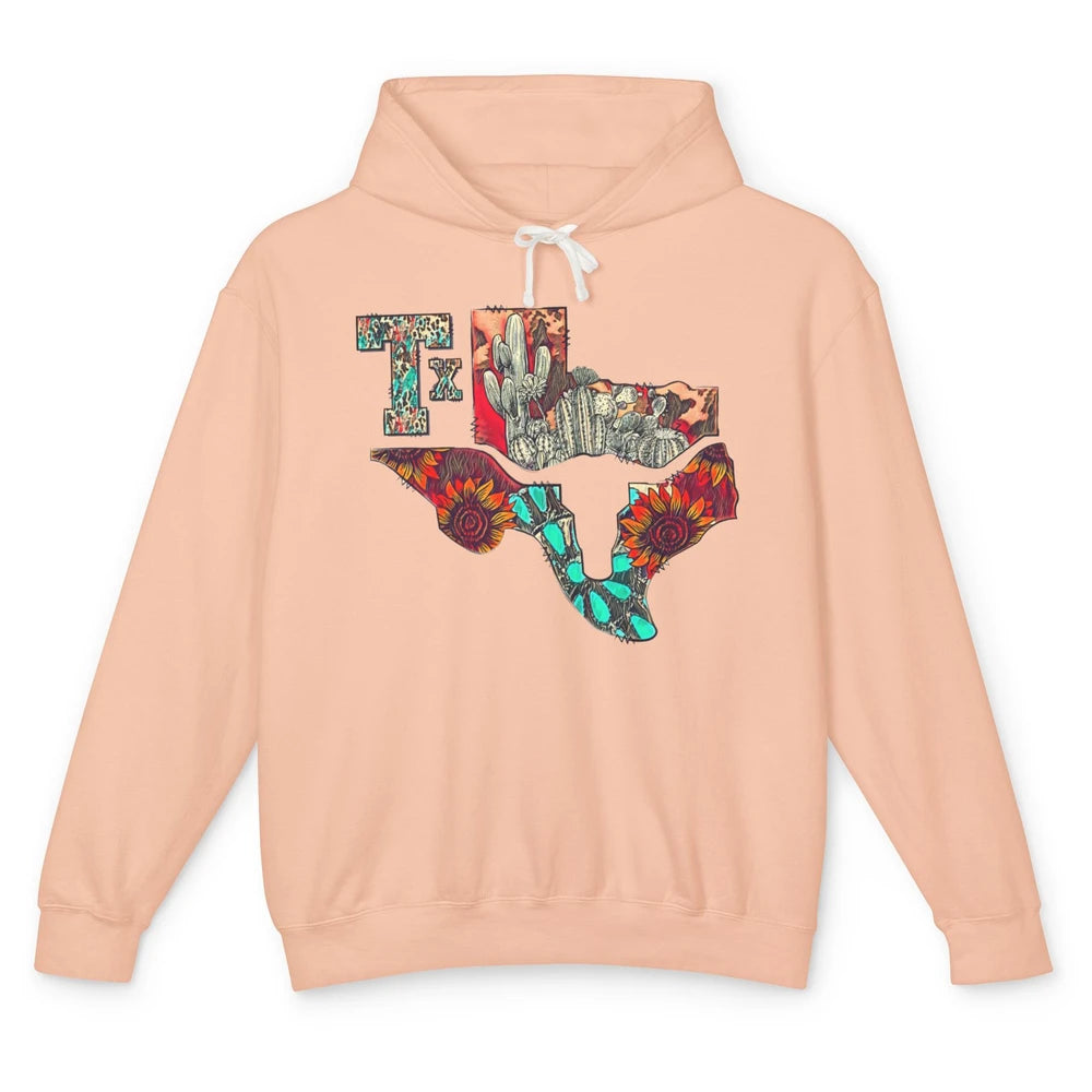 Texas Map Boho Texas State Leopard Western Desert Cactus Unisex Lightweight Hoodie