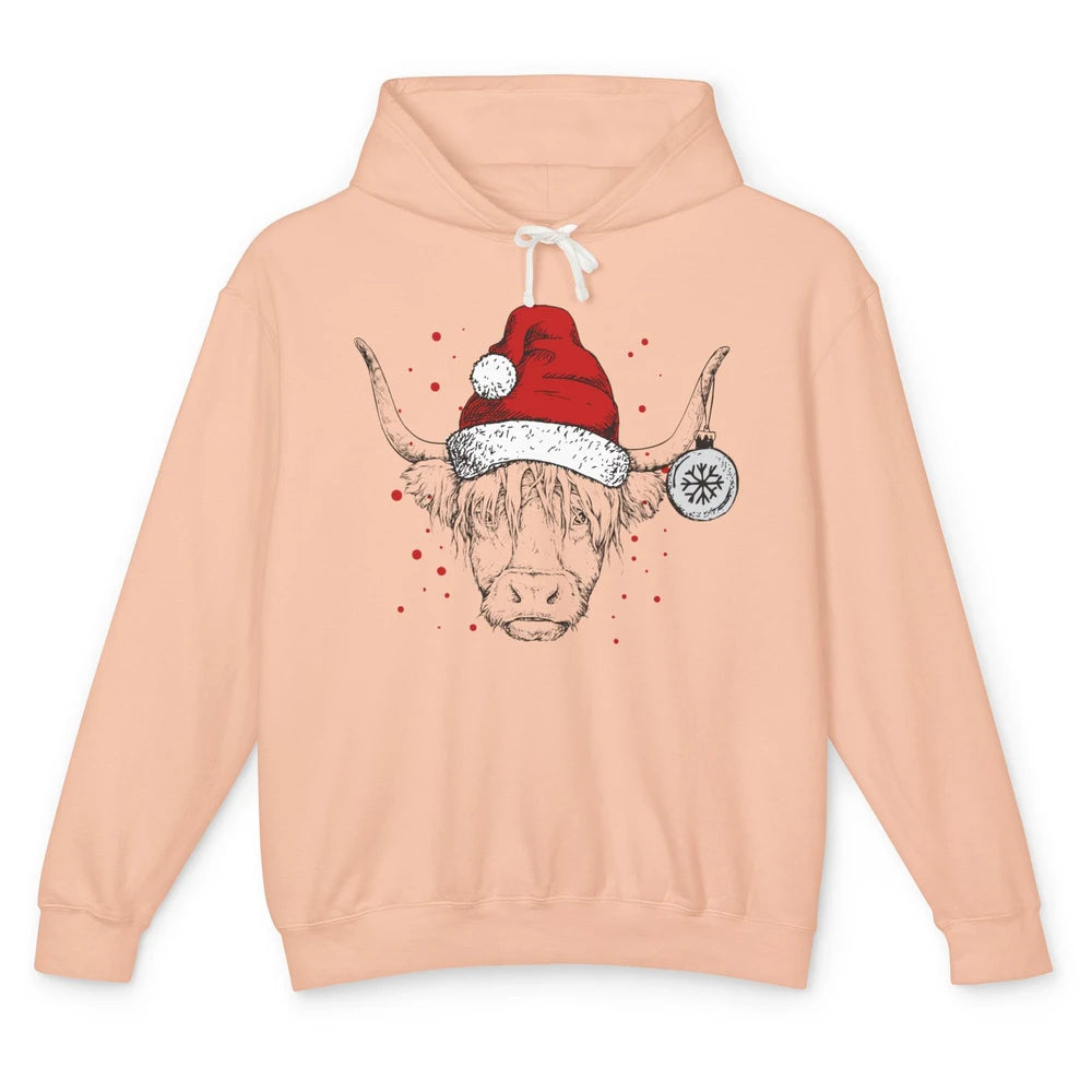 Cute Highland Cow Christmas With Santa Hat Western Xmas Cow Unisex Lightweight Hoodie