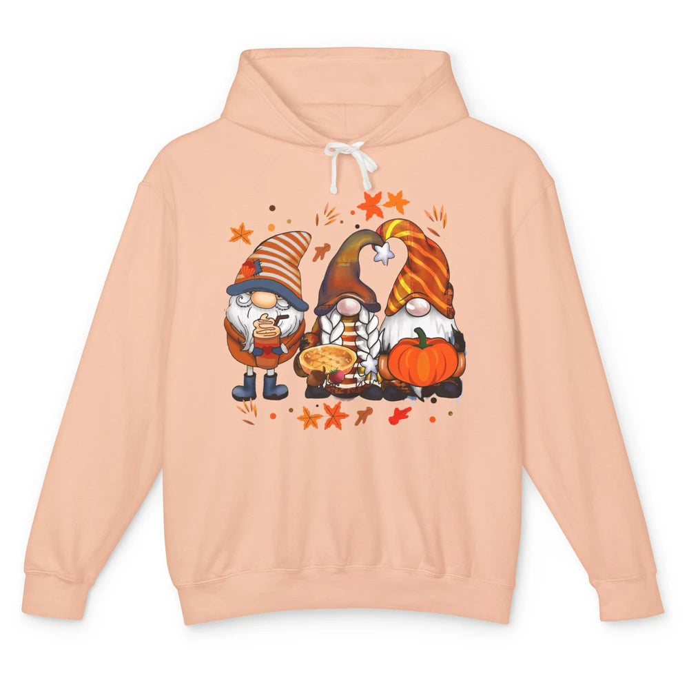 Retro Fall Gnomies Pumpkin Falling Leaves Thanksgiving Gnome Unisex Lightweight Hoodie