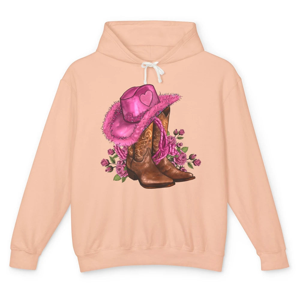 Valentines Day Hat Boots Cowgirl Pink Rose Flowers Retro Unisex Lightweight Hoodie