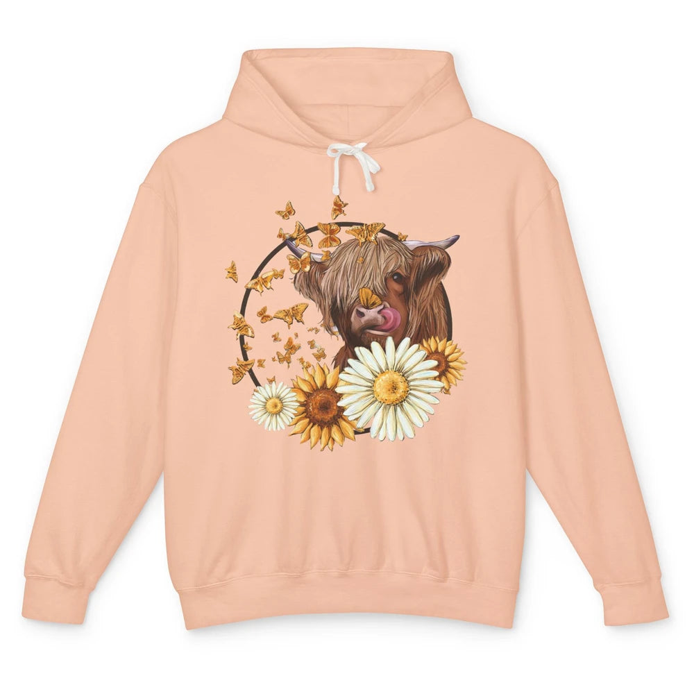 Highland Cow Sunflowers And Daisies Cow Flower Farm Country Unisex Lightweight Hoodie