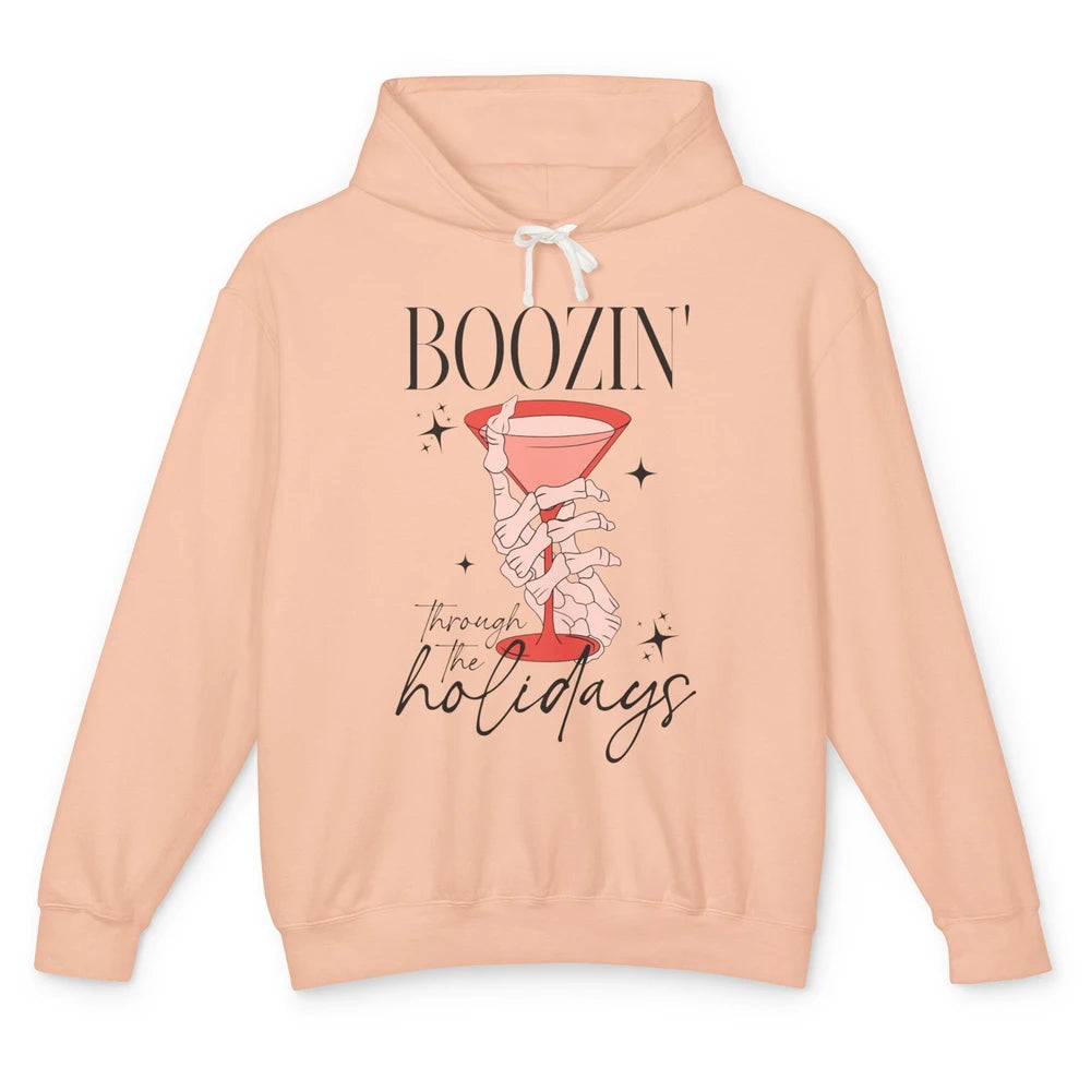 Boozin’ Through The Holidays Christmas Drinking Wine Glass Unisex Lightweight Hoodie