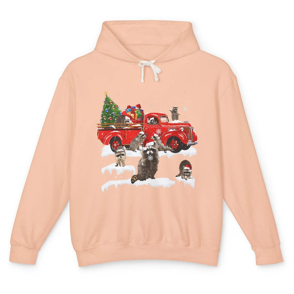 Funny Red Truck Raccoon Xmas Tree Lights Merry Christmas Unisex Lightweight Hoodie