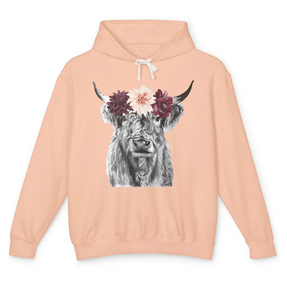 Heifer Highland Cow Flowers Farm Life Animal Floral Retro Unisex Lightweight Hoodie