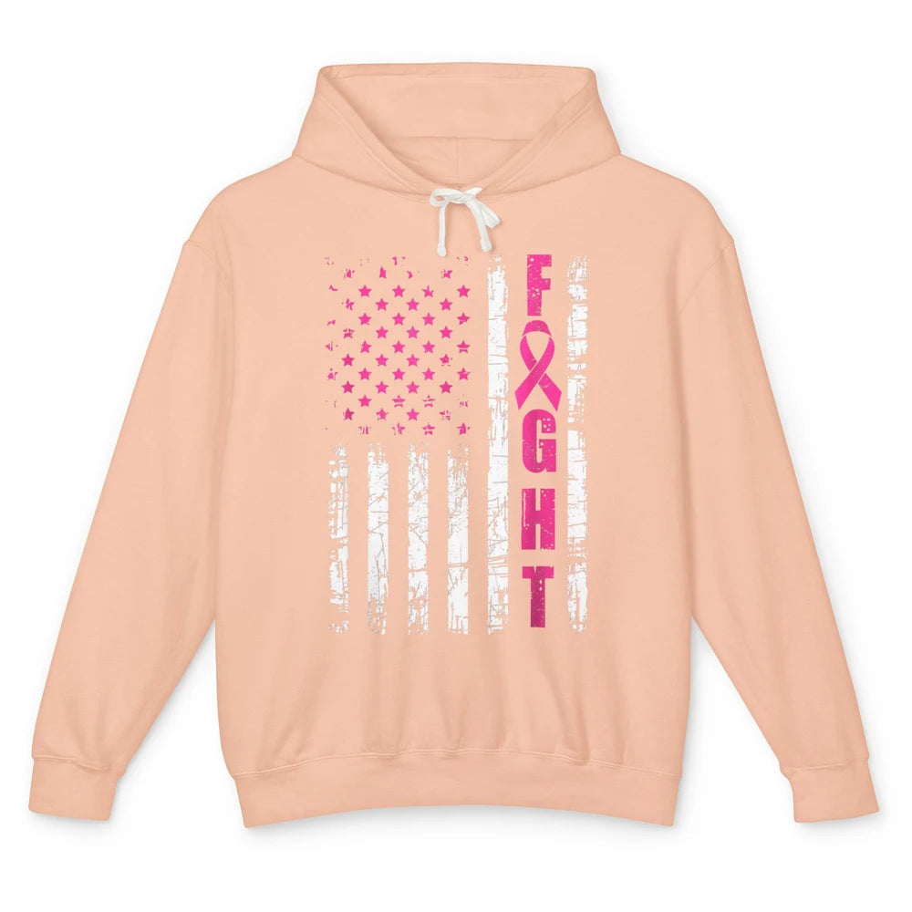 American Flag Fight Vintage Pink Ribbon Breast Cancer Month Unisex Lightweight Hoodie