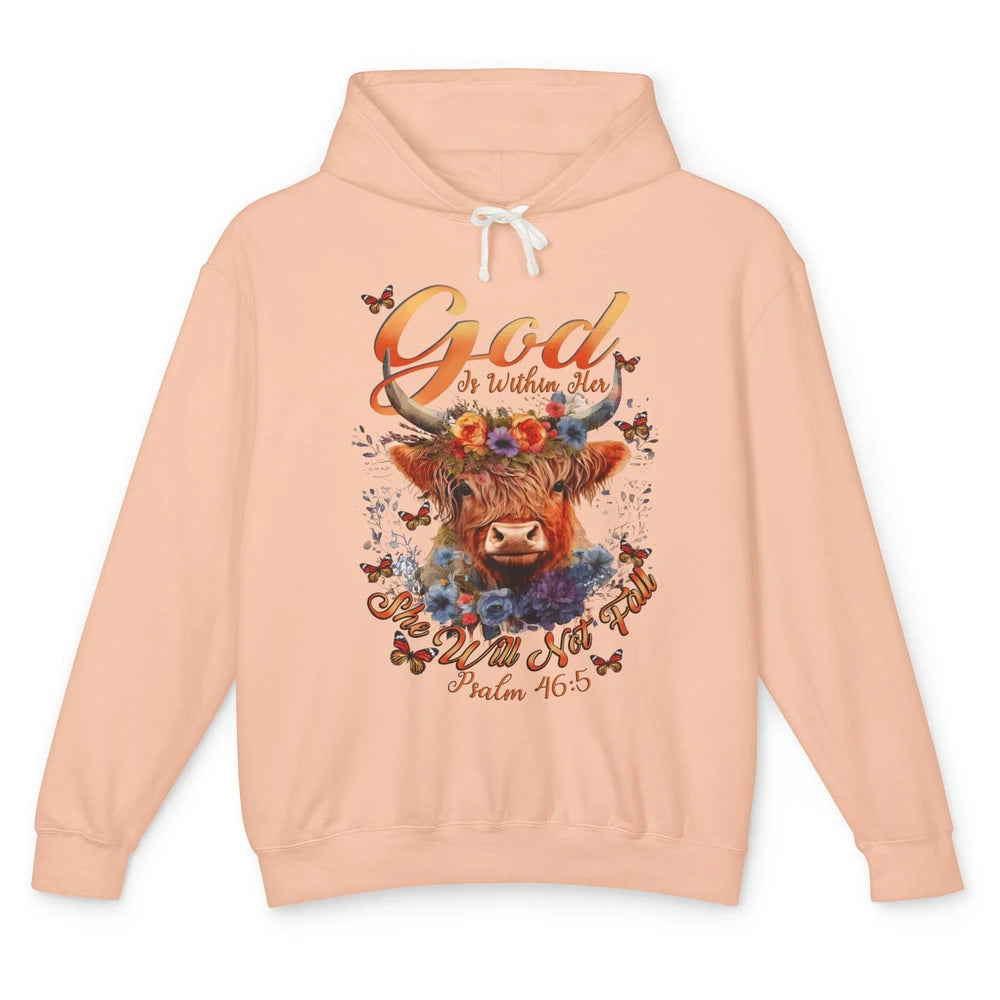 Christian Highland Cow God Is Within Her Bible Religious Unisex Lightweight Hoodie