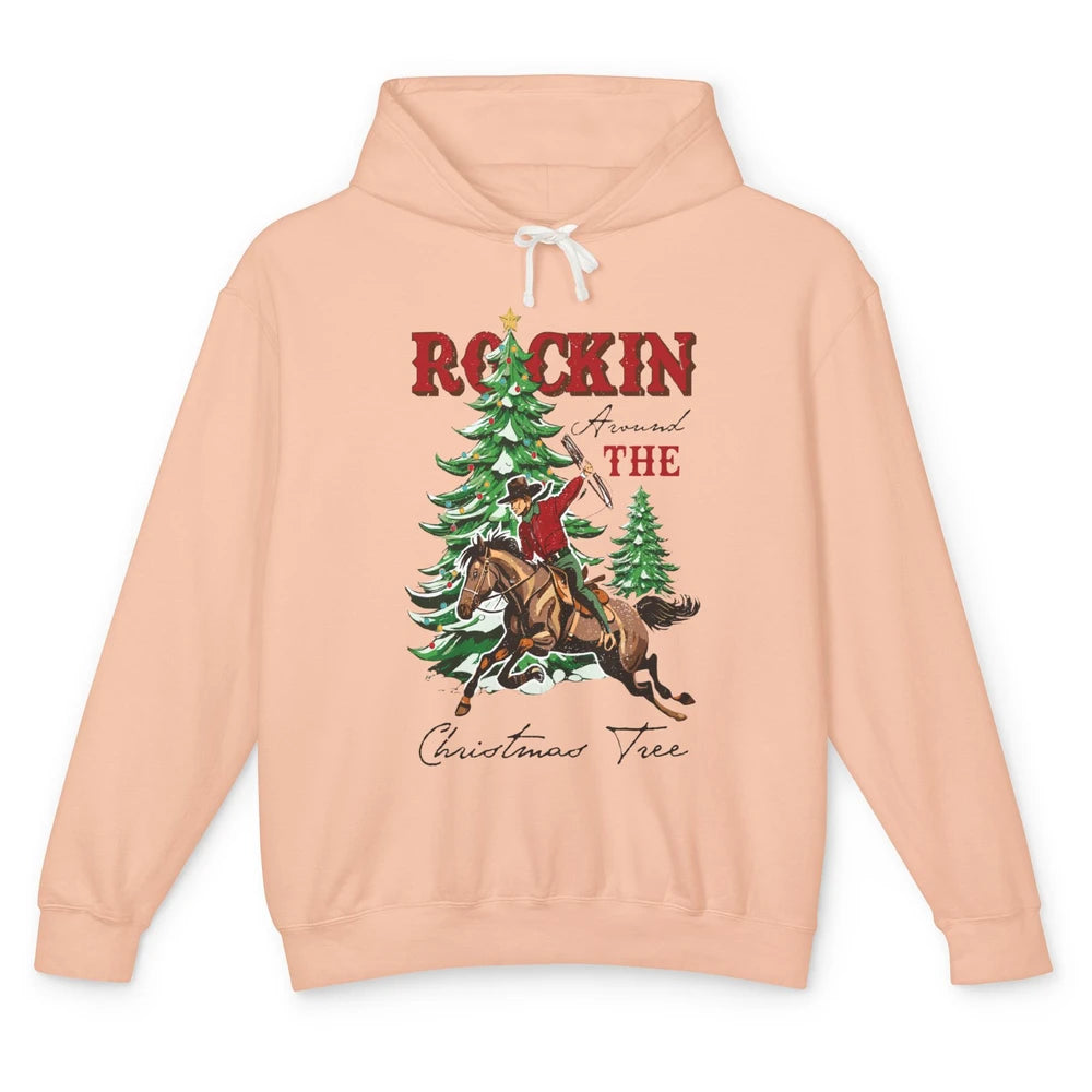 Retro Horsing Cowboy Rocking Around Christmas Tree Western Unisex Lightweight Hoodie