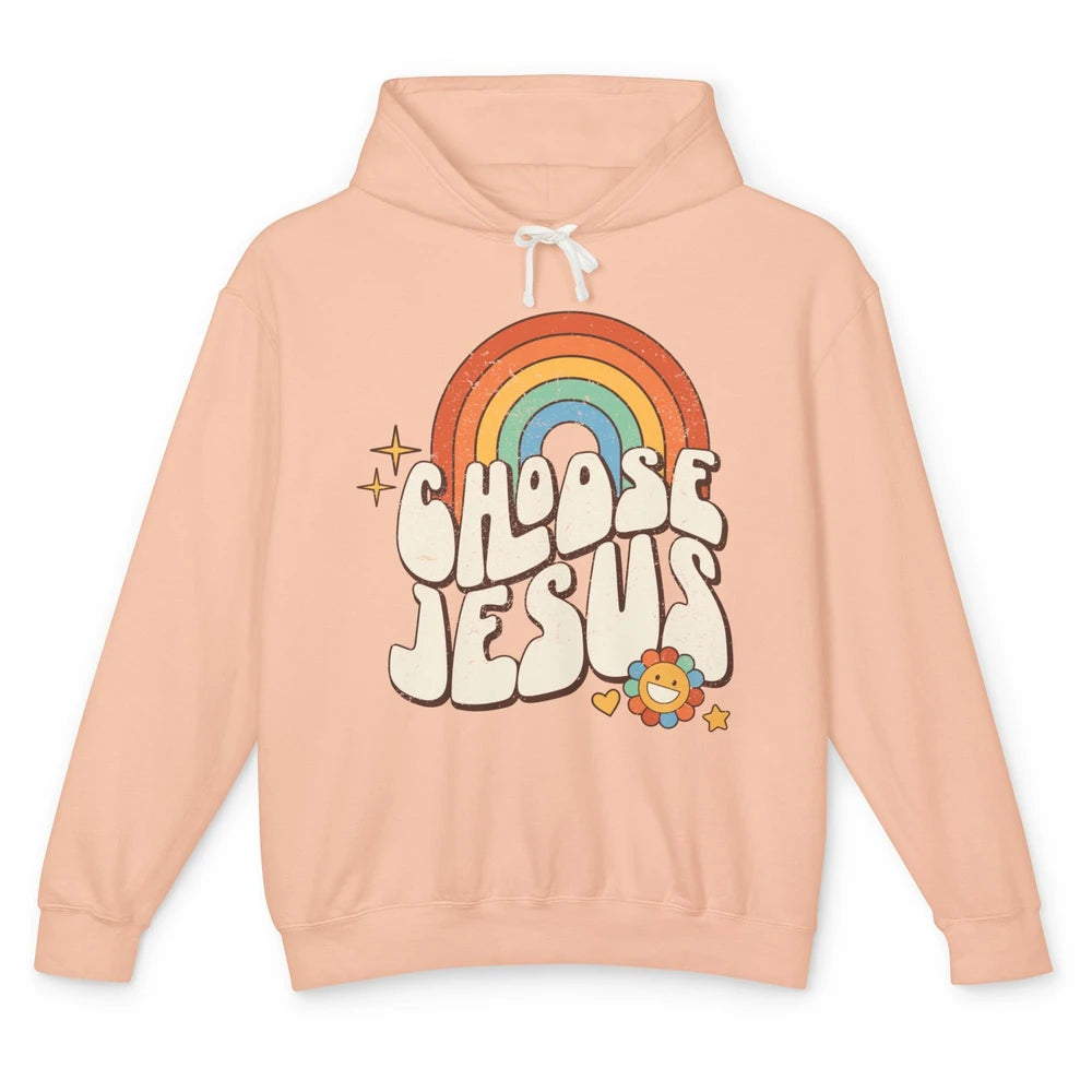 Retro Rainbow Groovy Choose Jesus Christian Religious Unisex Lightweight Hoodie