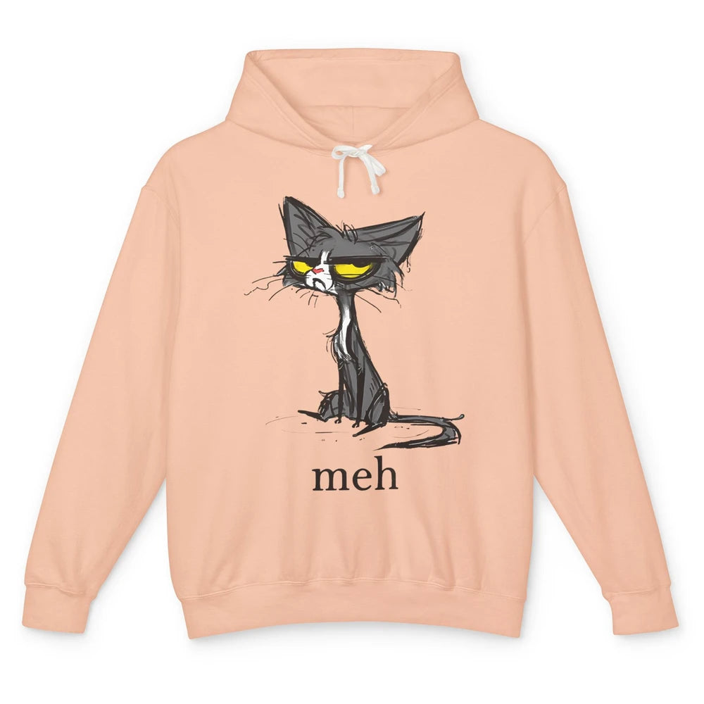 Funny Meh Grumpy Black Cat Sarcastic Kitten Angry Cat Mom Unisex Lightweight Hoodie