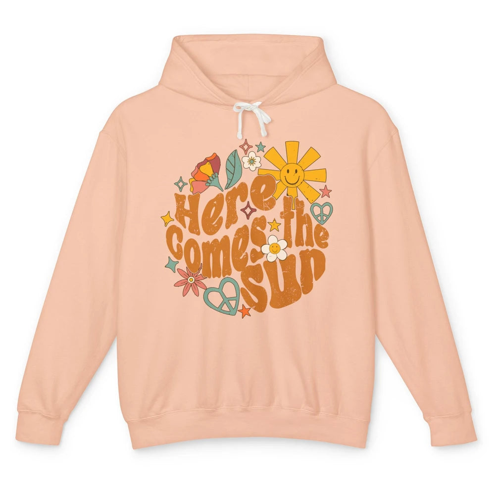 Retro Daisy Rainbow Sunrise Here Comes The Sun Hippie Girl Unisex Lightweight Hoodie