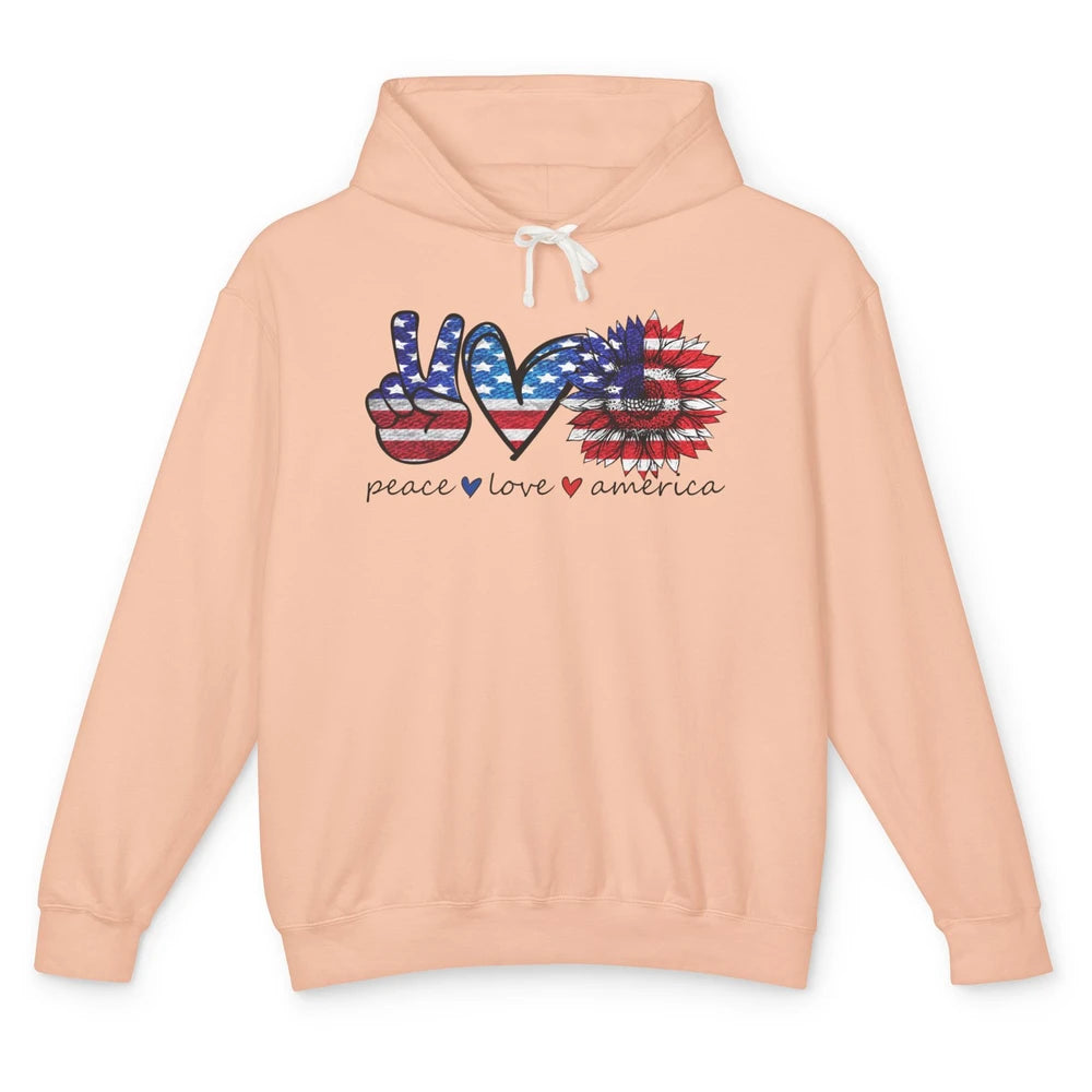 Peace Love America Flag Sunflower 4th of July Memorial Day Unisex Lightweight Hoodie