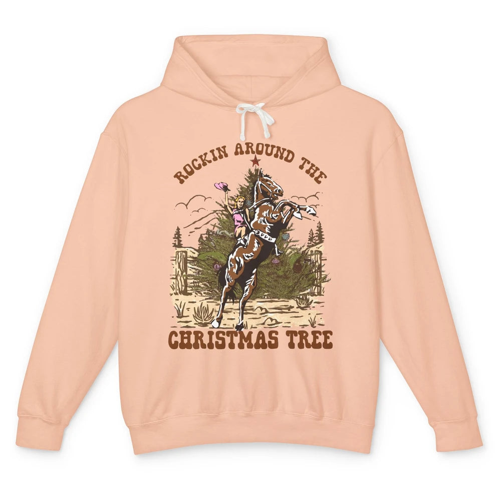 Funny Cowgirl Horsing Rocking Around Christmas Tree Western Unisex Lightweight Hoodie