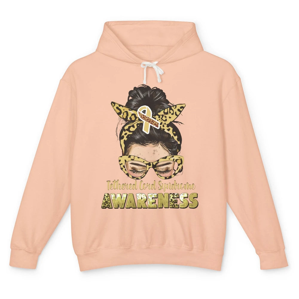 Tethered Cord Syndrome Ribbon Leopard Messy Bun Mom Glasses Unisex Lightweight Hoodie