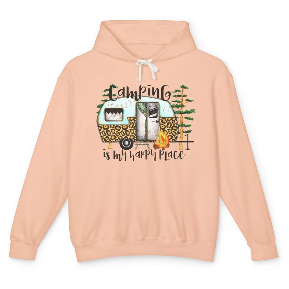 Campers Camping Is My Happy Place Leopard Camping Lover Gift Unisex Lightweight Hoodie