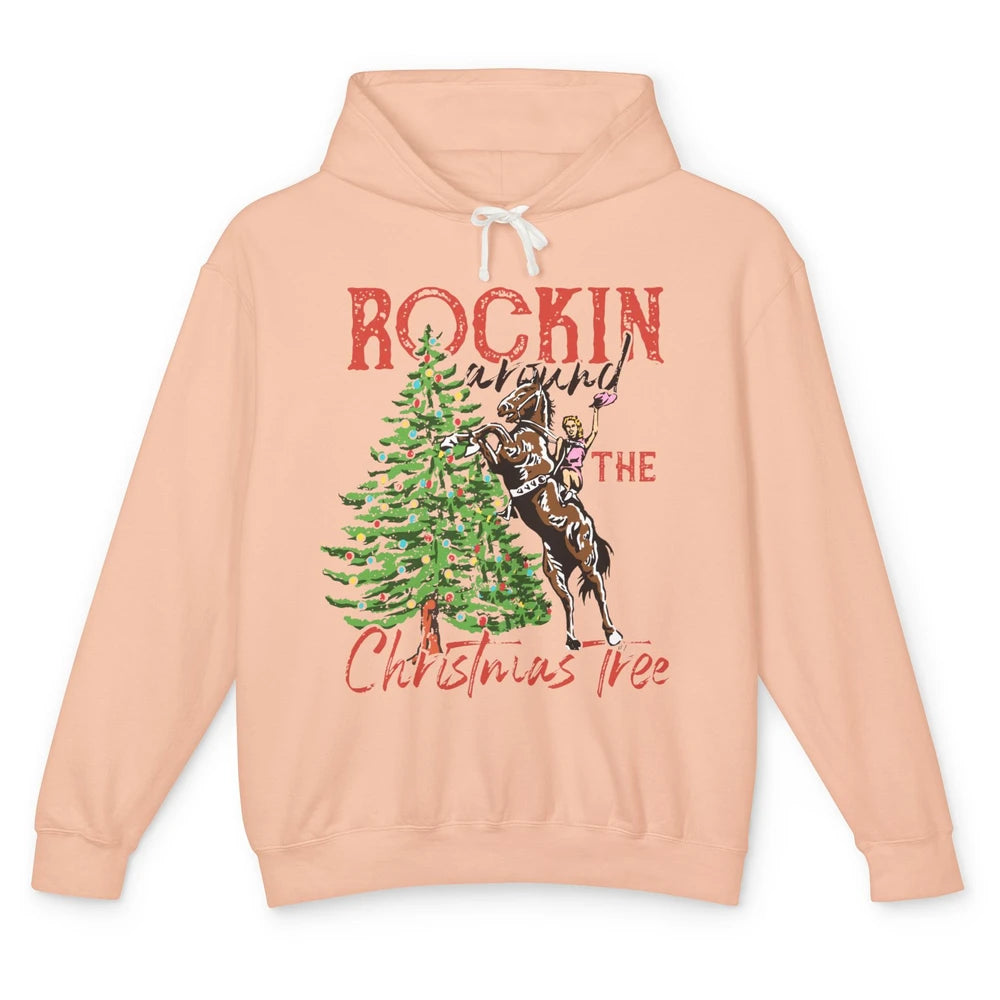 Funny Cowgirl Horsing Rocking Around Christmas Tree Western Unisex Lightweight Hoodie