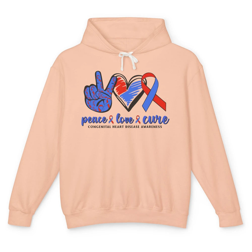 Congenital Heart Disease Blue Red Ribbon Peace Love Cure CHD Unisex Lightweight Hoodie