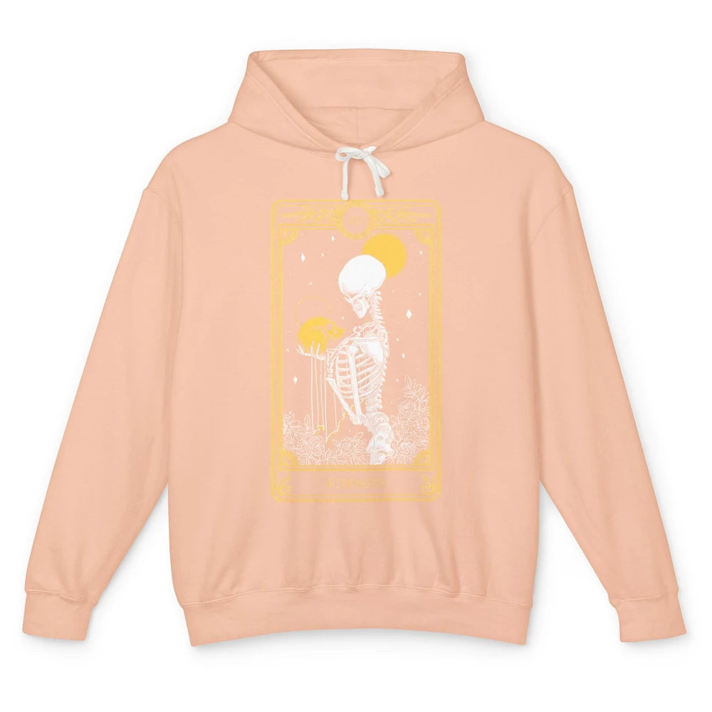 Retro Skeleton Holding Skull Strength Tarot Card Halloween Unisex Lightweight Hoodie