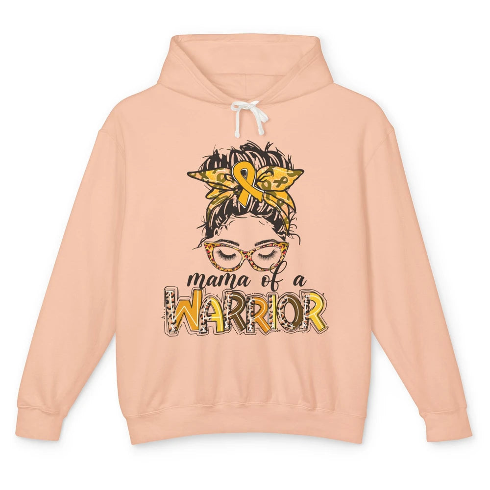 Mama Warrior Childhood Cancer Messy Hair Leopard Gold Ribbon Unisex Lightweight Hoodie