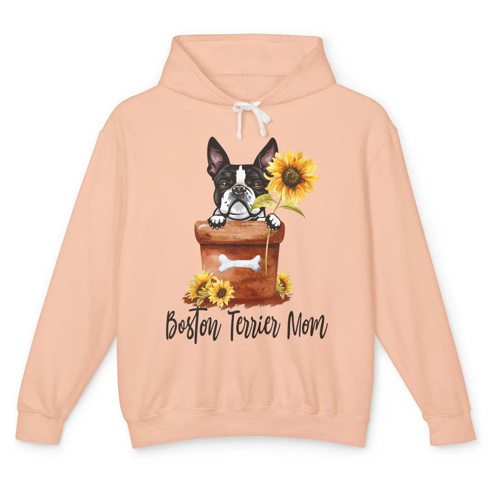 Funny Boston Terrier Dog Face Sunflowers Puppy Dog Mom Mama Unisex Lightweight Hoodie