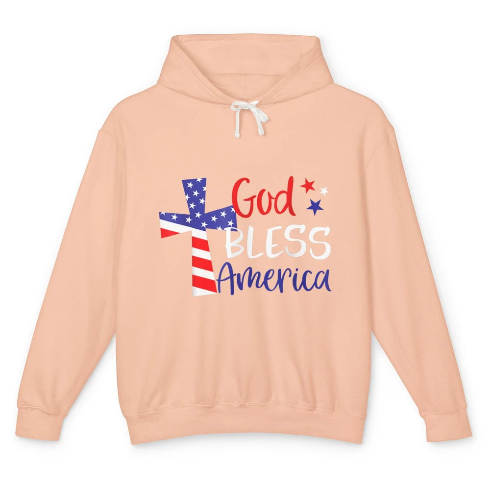 God Bless Jesus Cross 4th July American Flag Independence Unisex Lightweight Hoodie