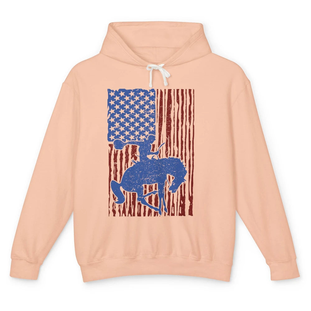 Retro US Flag Cowboy Horsing Rodeo Western July 4th Patriots Unisex Lightweight Hoodie