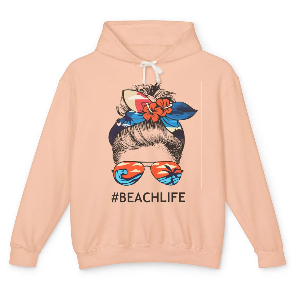 Beach Life Messy Bun Hawaiian Hair Retro Beach Palms Summer Unisex Lightweight Hoodie