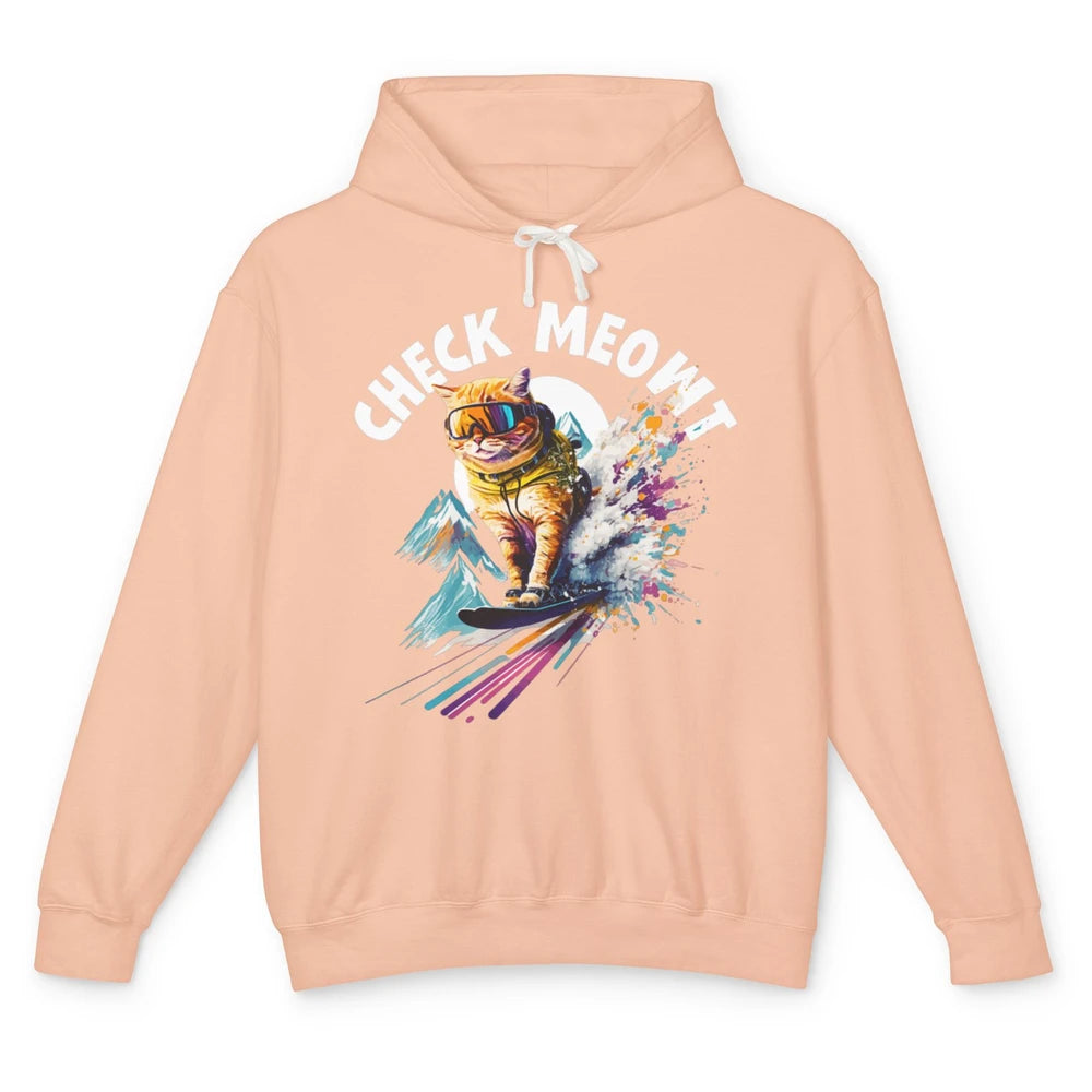 Funny Skiing Skier Check Meowt Humor Orange Cat Watercolor Unisex Lightweight Hoodie