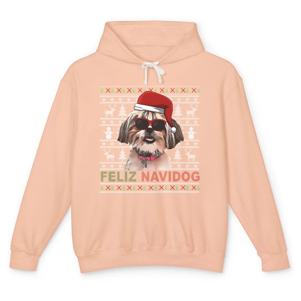 Funny Santa Shih Tzu Dog Feliz Navidog Christmas Tree Ugly Unisex Lightweight Hoodie