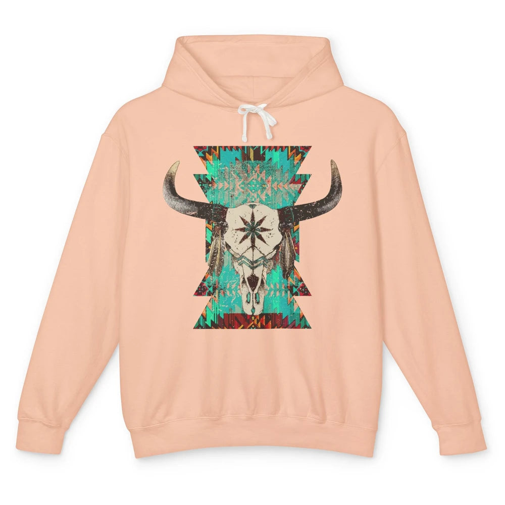 Boho Bull Skull Turquoise Aztec Western Country Rodeo Cowboy Unisex Lightweight Hoodie