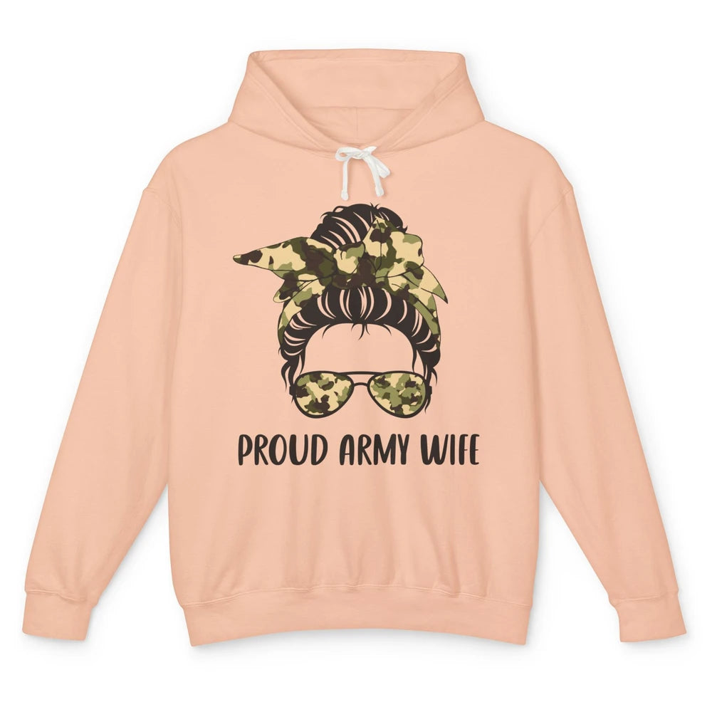 Proud Army Wife Messy Bun Hair Proud Wife Of A US Soldier Unisex Lightweight Hoodie