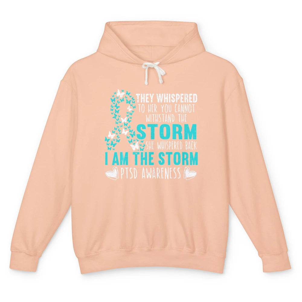 Teal Ribbon Butterfly The Storm Warrior PTSD Awareness Month Unisex Lightweight Hoodie