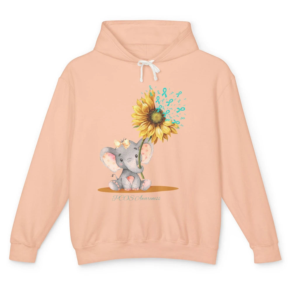 Sunflower Baby Elephant PCOS Awareness Teal Ribbon Elephant Unisex Lightweight Hoodie