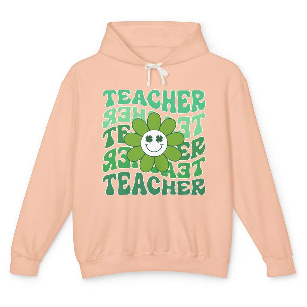 Retro Groovy Wavy Teacher Smiling Face Daisy St Patricks Day Unisex Lightweight Hoodie