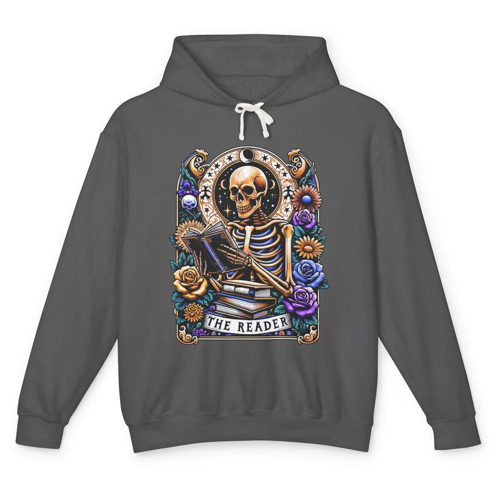 The Reader Tarot Card Halloween Reading Book Skeleton Floral Skull Bookish Bookworm Unisex Lightweight Hoodie