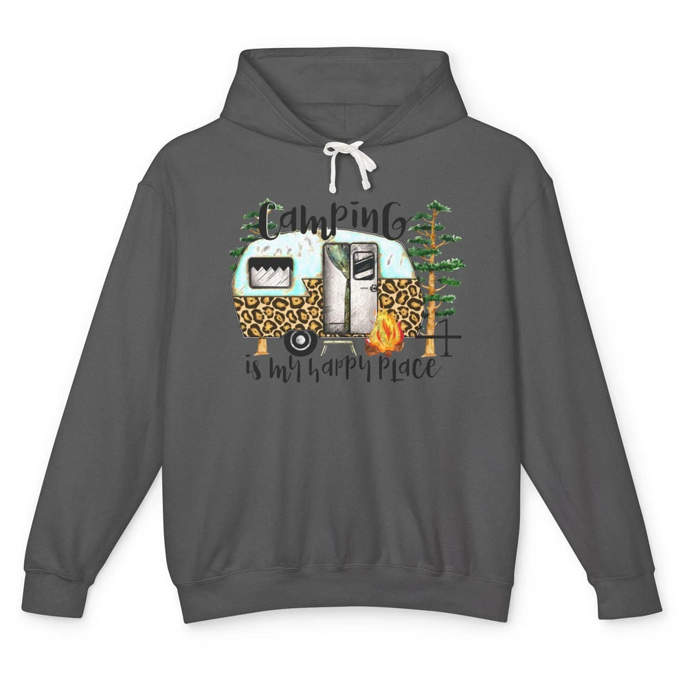 Campers Camping Is My Happy Place Leopard Camping Lover Gift Unisex Lightweight Hoodie