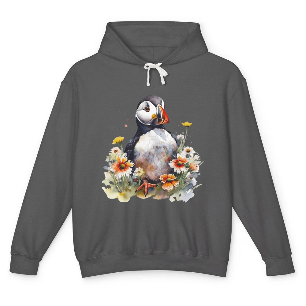 Funny Watercolor Penguin Colorful Wildflowers Field Animal Unisex Lightweight Hoodie