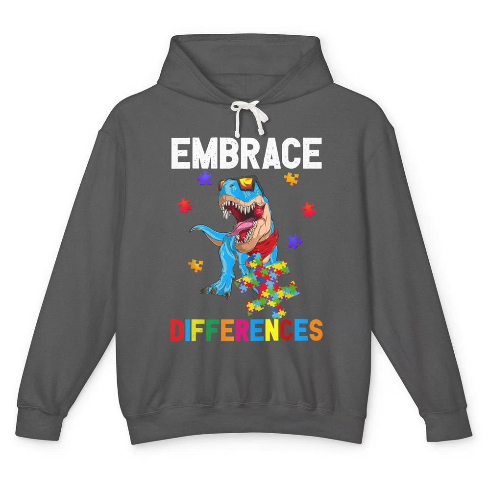 Autism Awareness Dinosaur Puzzle Piece Embrace Differences Unisex Lightweight Hoodie