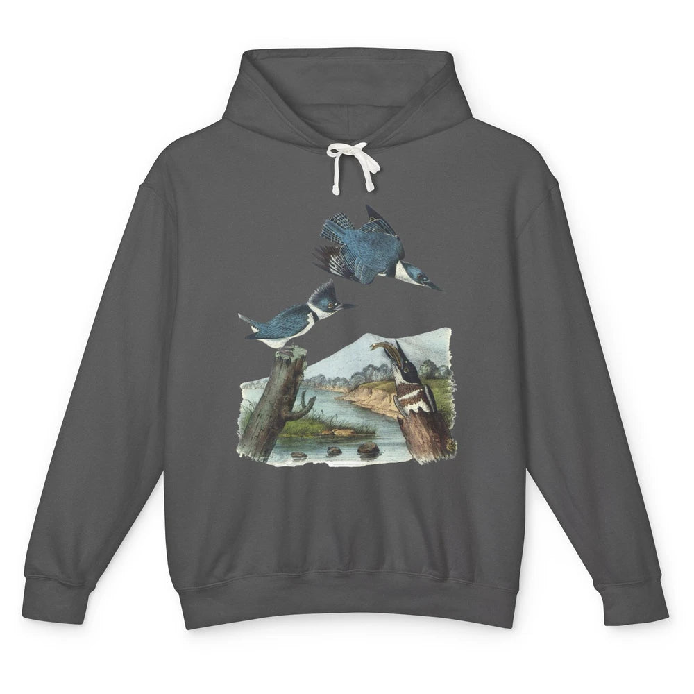 Watercolor Belted Kingfisher Bird Eat Fish Nature Birding Unisex Lightweight Hoodie